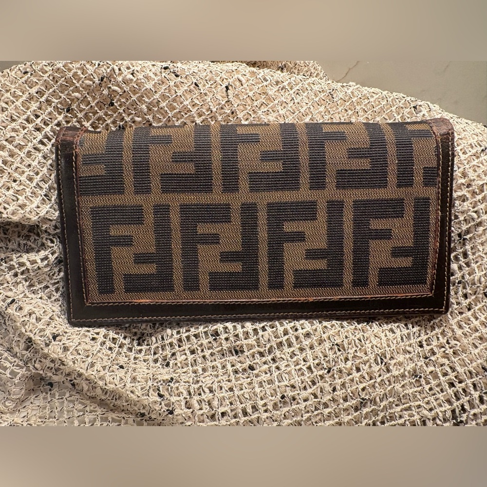 Fendi Tan and Black Logo Canvas Wallet